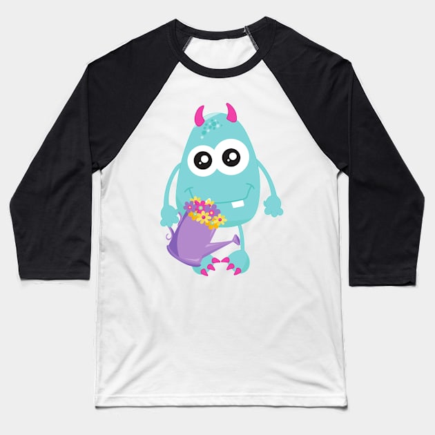 Spring Monster, Blue Monster, Flowers, Horns Baseball T-Shirt by Jelena Dunčević